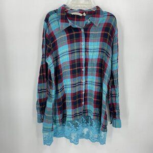 Soft Surroundings Flannel Lace Trim Shirt Teal Blue Red Plaid Button Front Large